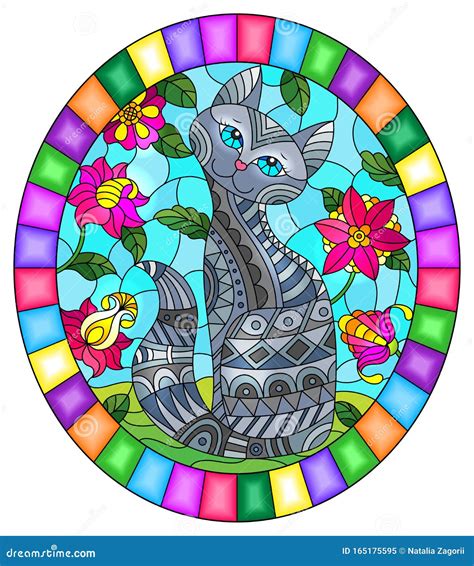 Stained Glass Illustration With A Grey Cute Cat On A Background Of Meadows Bright Flowers And