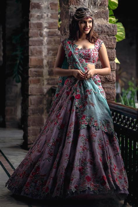 Buy Anushree Reddy Purple Organza Floral Embroidered Lehenga Set Online