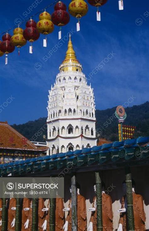 Malaysia Penang Kek Lok Si Temple Covered Colonnade With Line Of