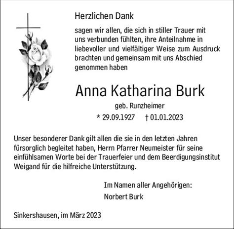 Traueranzeigen Von Anna Katharina Burk Vrm Trauer De