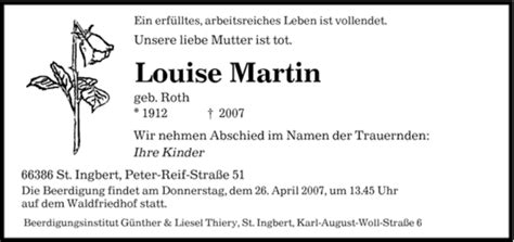 Traueranzeigen Von Louise Martin Saarbruecker Zeitung Trauer De