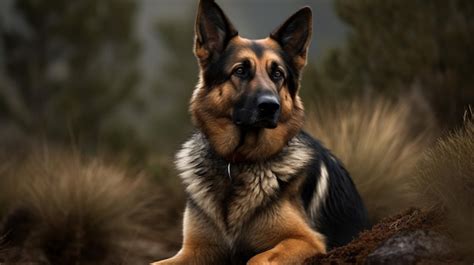 Un Perro Con Collar Negro Se Sienta En Una Roca Foto Premium