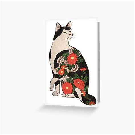 Antique Japanese Woodblock Print Cat With Flower Tattoos Greeting Card By Epitomegirl Redbubble