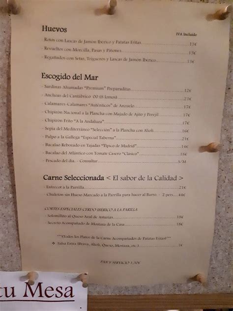 Menu at La Taberna del Príncipe restaurant Villaviciosa de Odón