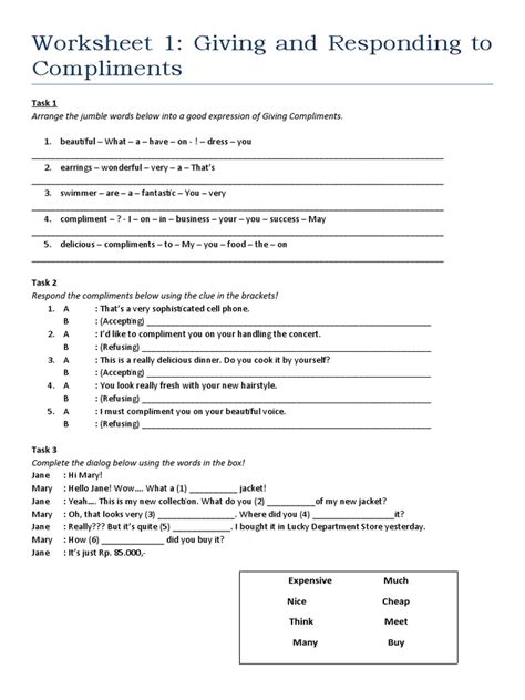 Providing And Responding To Compliments A Worksheet On Giving And