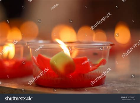 Burning Red Flower Candle Chinese Shrine Stock Photo