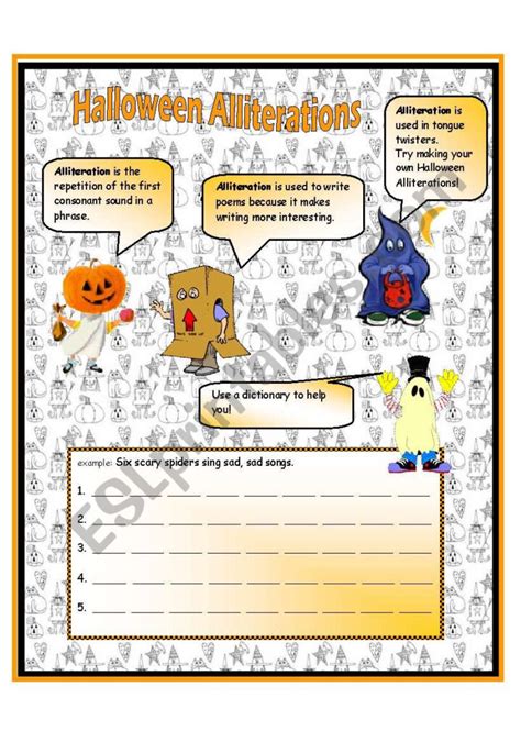 Halloween Alliteration Worksheets | AlphabetWorksheetsFree.com