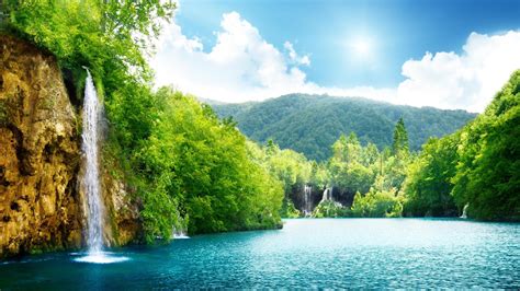 Wallpaper Pemandangan Hutan Air Terjun Danau Alam Refleksi