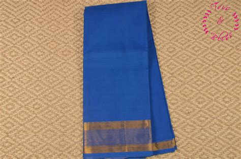 Tvis And Bliss Peacock Blue Plain Mangalagiri Handloom Cotton Saree