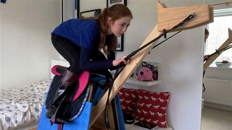 Girl Practices Riding On Wooden Horse Youtube