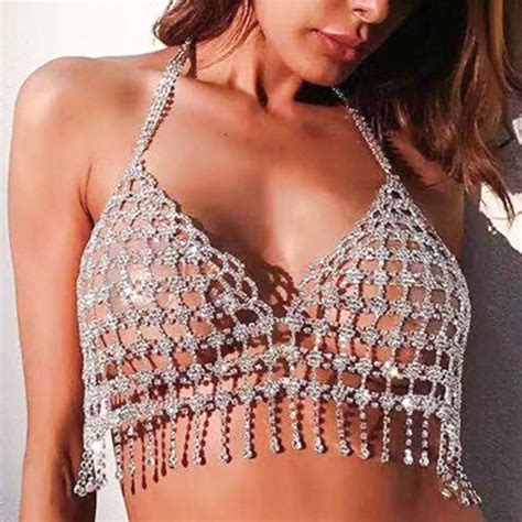 Crystal Mesh Fabric Bra Chain Silver Tassel Crystal Pendant Chest Chain Bikini Body Jewellery