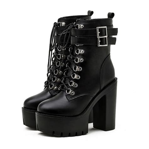 Black Buckle Lace Up Punk Rock Chunky Sole Block High Heels Platforms