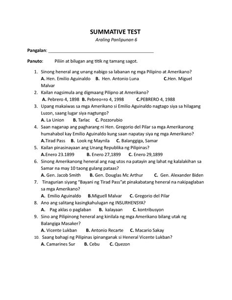 Ap Summative Test Q Araling Panlipunan Summative Test No Th