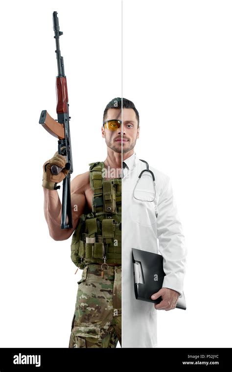 Comparison of doctor and soldier's outlook. Military man wearing khaki uniform, Kalashnikov ...