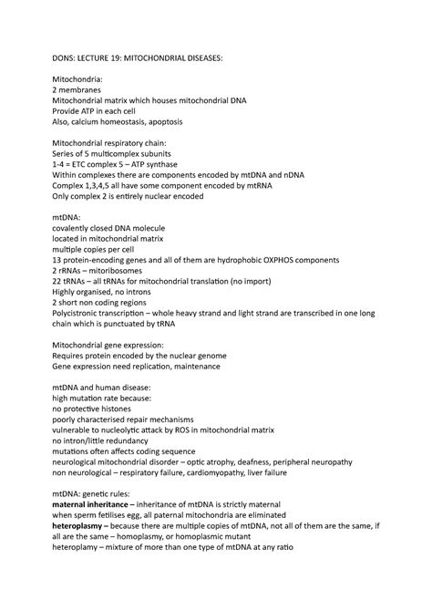 L19 Lecture Notes 19 DONS LECTURE 19 MITOCHONDRIAL DISEASES