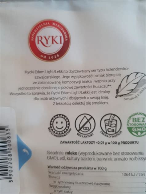 Rycki Edam light ser w plastrach Ryki kalorie kJ i wartości odżywcze