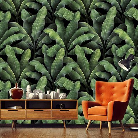 Beautiful Green Tropical Banana Leaves Wallpaper Traditional Etsy R