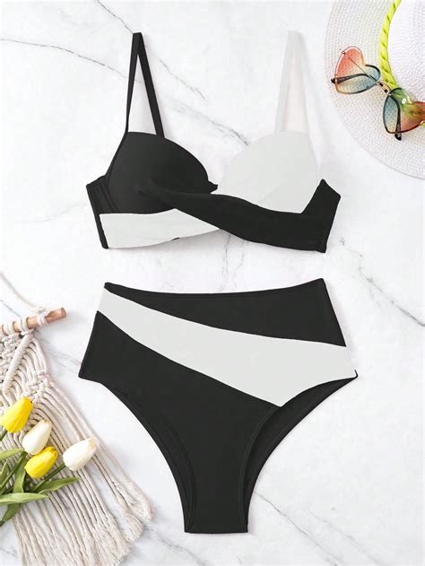 Shein Swim Vcay Damskie Komplety Bikini Kopertowe Kolorowe Bloki Moda