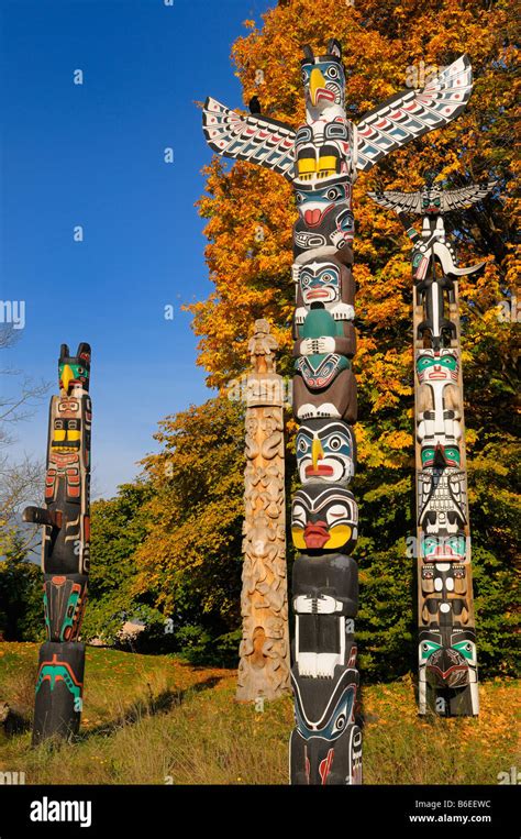 Totem Poles Aboriginal Wood Carving In Stanley Park Vancouver With