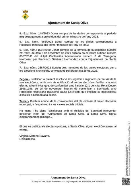 Convocat Ria I Ordre Del Dia Del Ple Extraordinari Urgent De Data