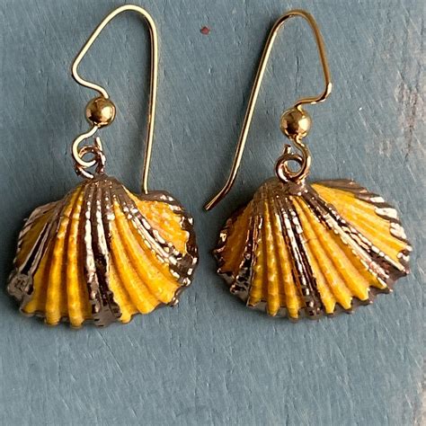 Handmade Small Scallop Shell Dangle Earrings Painted Yellow And Gilded