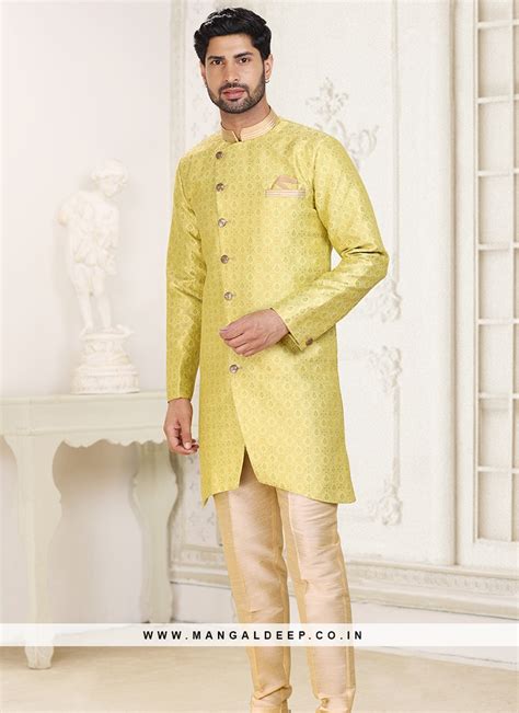 Pista Banarasi Jacquard Indo Western Ensemble With Gold Aligadhi Pant