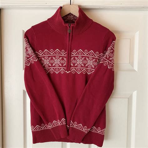 Eddie Bauer Sweater Fair Isle Red White Snowflake Siz Gem