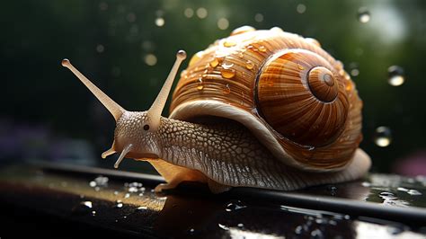 Closeup View Of Snail With Water Drops Wood Bench Dark Blur Bokeh