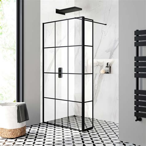 Munich Matt Black Grid Room Shower Glass 1000mm And Panel