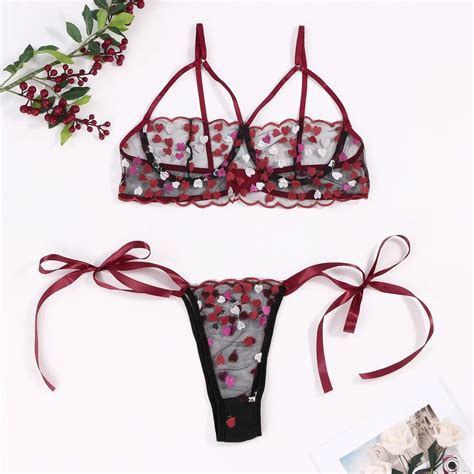 Free Shiping Love Embroidery Bra G String Thong Sleepwear Sexy Lingerie For Women Plus Size