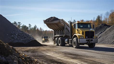 Premium Photo A Dump Truck Driving Down A Dirt Road