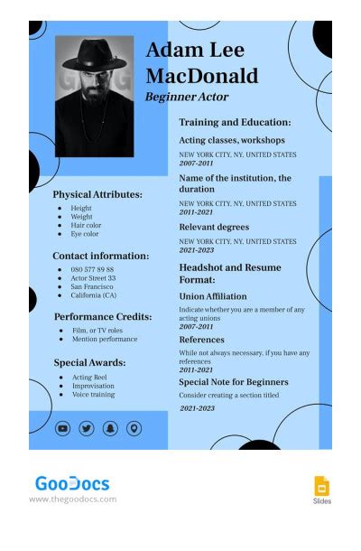 Free Blue Audition Beginner Actor Resume Template In Google Docs And