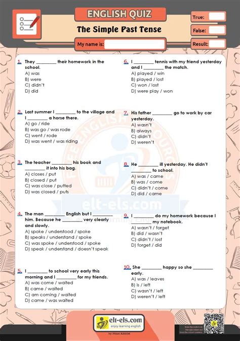 The Simple Past Tense Multiple Choice Test Elt