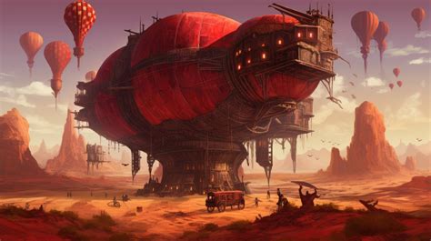 A Steampunk Inspired Airship Sails Through A Crimson Sky Propelled By