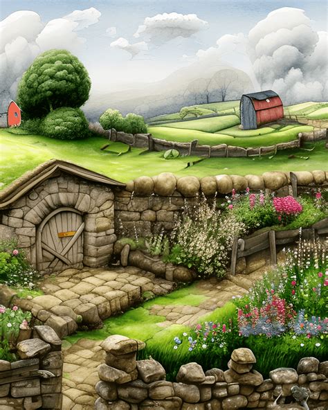 English Landscape with Closeup View of Country Farm in Watercolor Fantasy Art Style · Creative ...