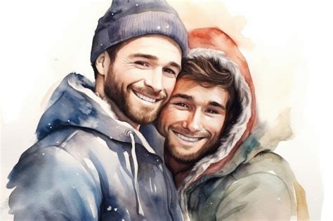 Una joven pareja gay y una ilustración en acuarela pintando sobre un fondo blanco para el amor