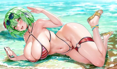 Toyoman Original 1girl Bare Shoulders Beach Bikini Blush Breasts Choker Day Eyewear On