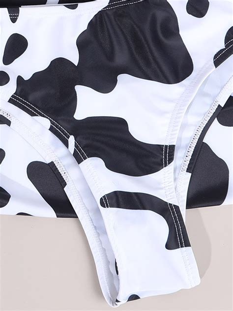 Emmiol Free Shipping Cow Print Bikini Set Black S In Three Piece