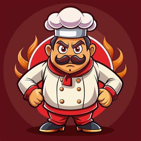 Angry Cartoon Chef In White Uniform With Red Accents And Flames Behind