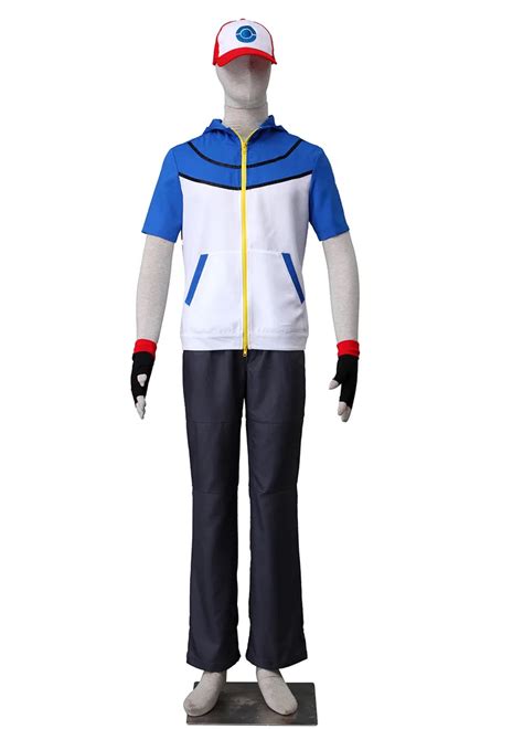 Pocket Game Cos Pokemon Ash Ketchum Cosplay Costume With Gloves And Vest Hat Uniform Adult