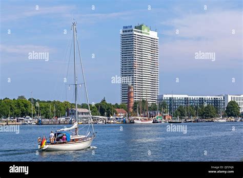 Old lighthouse, sailing boat, Hotel Maritim, Travemünde, Lübeck ...