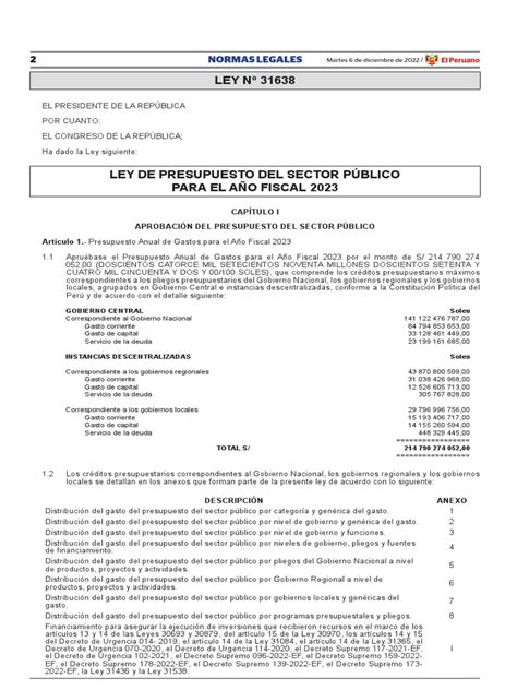 Ley 31638 Ppto 2023 Pdf Presupuesto Ministerio Departamento De