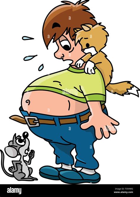 Cartoon man gained too much weight looking at his tummy with his pet ...