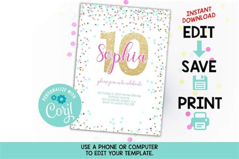 10th Birthday Invitation Editable Pink Gold Confetti Girl 10th Etsy