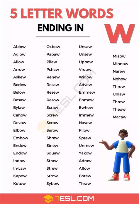 5 Letter Words Ending In W 80 English Words • 7esl In 2024 Letter