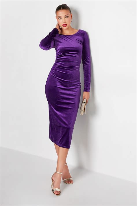 Lts Tall Womens Purple Ruched Velvet Midi Dress Long Tall Sally