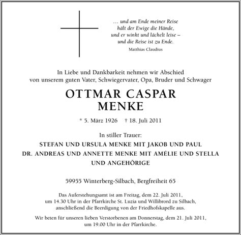 Traueranzeigen Von Ottmar Caspar Menke Trauer In NRW De