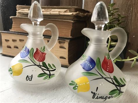 Vintage Hand Painted Floral Design Frosted Glass Cruets Oil And Vinegar By Energyforthesoul4 On