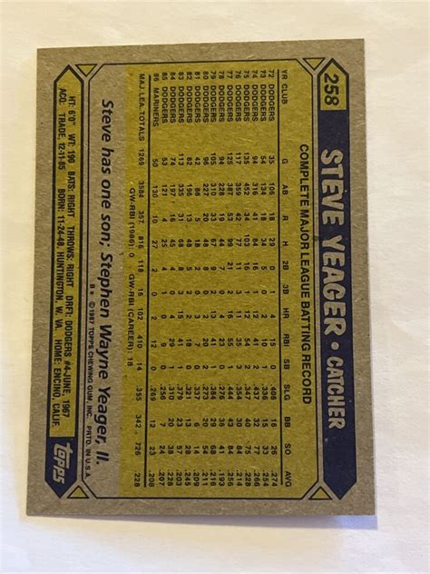 1987 Topps Seattle Mariners Baseball Card 258 Steve Yeager EBay