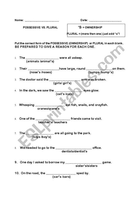 Possessive Vs Plural 3 Esl Worksheet By Laurieann